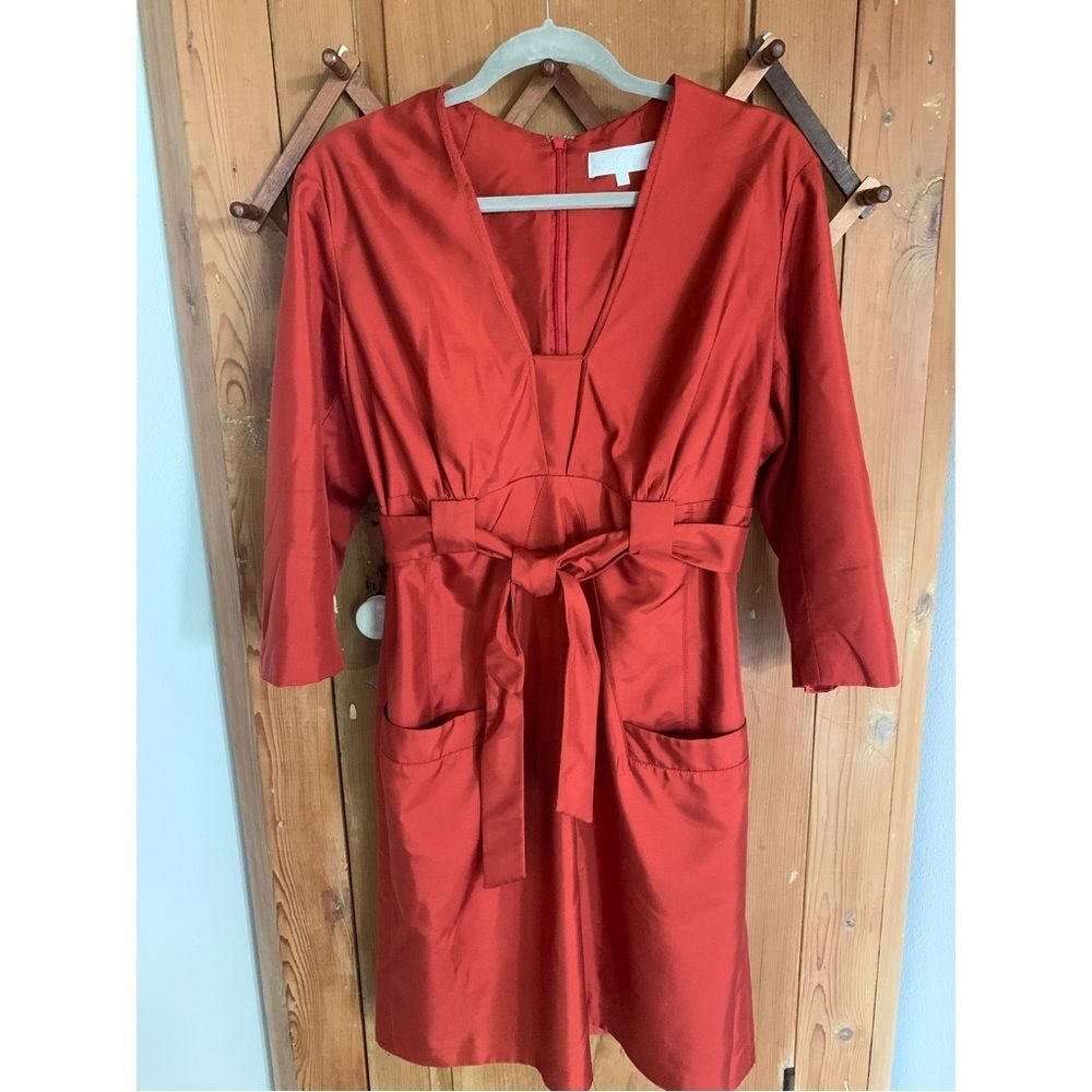 Badgley Mischka belted high waist rust color silk shift dress